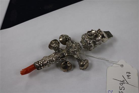 A 19th century silver childs rattle, 12.3cm.